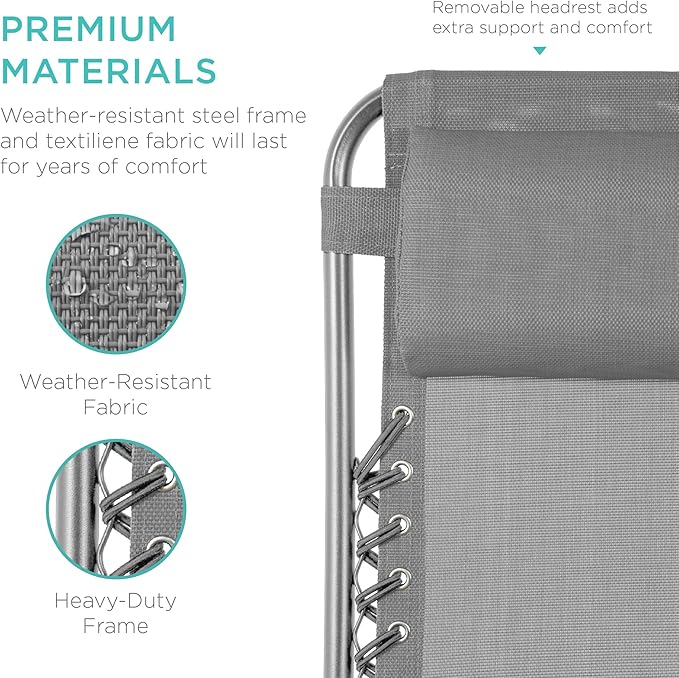 Best Choice Products Set of 2 Adjustable Steel Mesh Zero Gravity Lounge Chair Recliners w/Pillows and Cup Holder Trays - Dove Gray