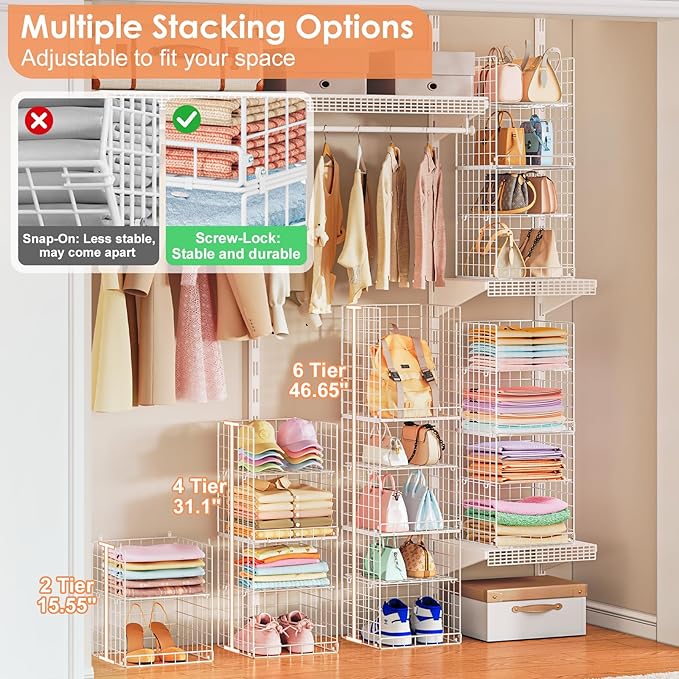 6 Tier Raised-Height Hanging Closet Organizer, Stackable Sweater Organizer