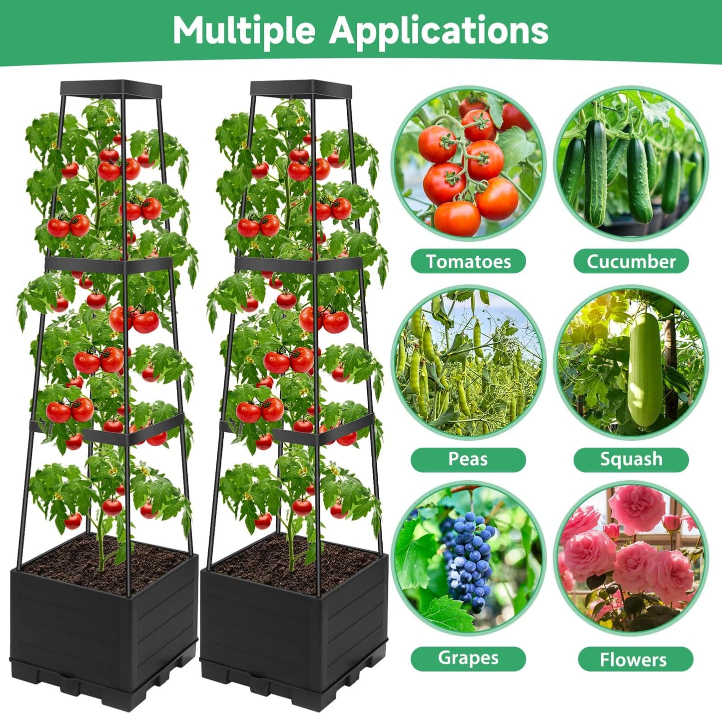 2 Packs Tomato Planter Pot with Raised Bed Trellis, 45" Tomato Cages for Climbing Vegetables, Self Watering Tomato Growing Container Planters Box for Indoor Outdoor Garden Bed Greenhouse
