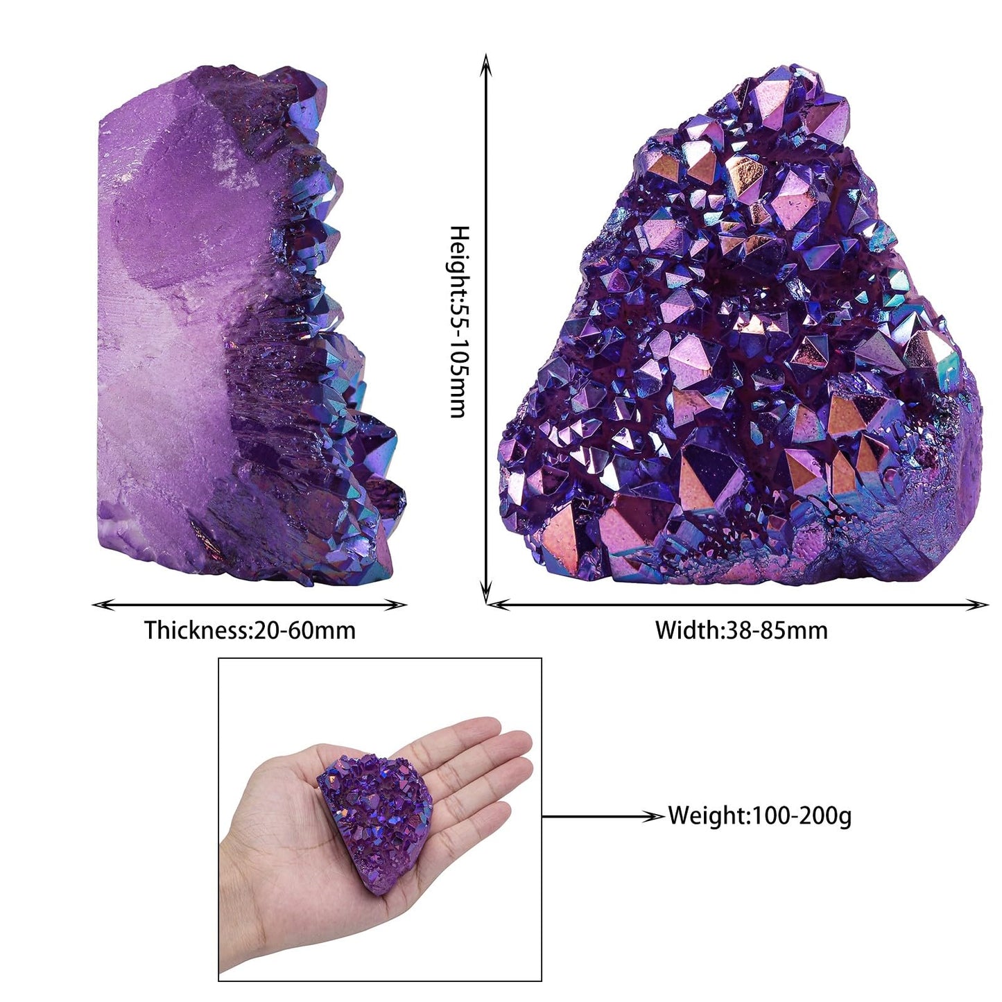 rockcloud Natural Titanium Coated White AB Crystal Cluster Irregular Reiki Crystal Geode Mineral Specimen for Home Decor, Purple