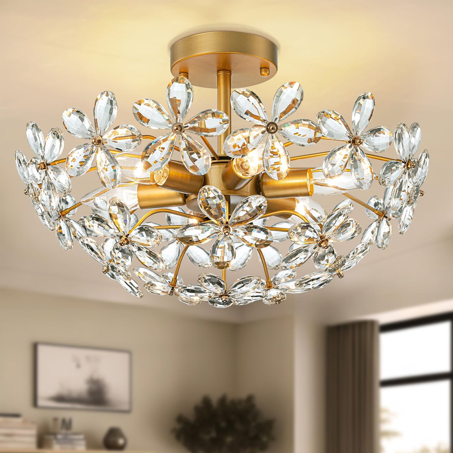 LOHOZOM Bedroom Flower Ceiling Light, Brass Gold Flush Mount Chandelier,17.7inch 6-Light Modern Crystal Closet Ceiling Light Fixture for Kitchen Girl Room Hallway Entryway Foyer