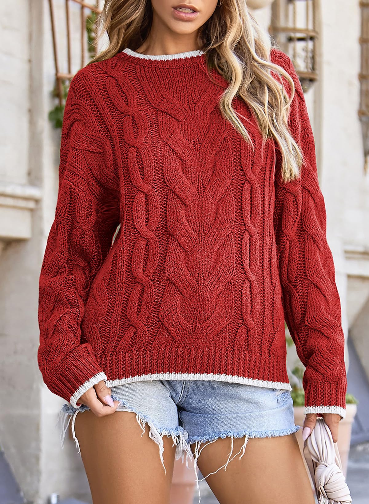 EVALESS Sweaters for Women Trendy Crewneck Long Sleeve Color Block Sweater Tops Fall 2025 Chunky Cable Knit Pullover Sweaters