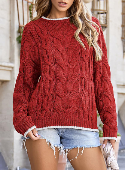 EVALESS Sweaters for Women Trendy Crewneck Long Sleeve Color Block Sweater Tops Fall 2025 Chunky Cable Knit Pullover Sweaters