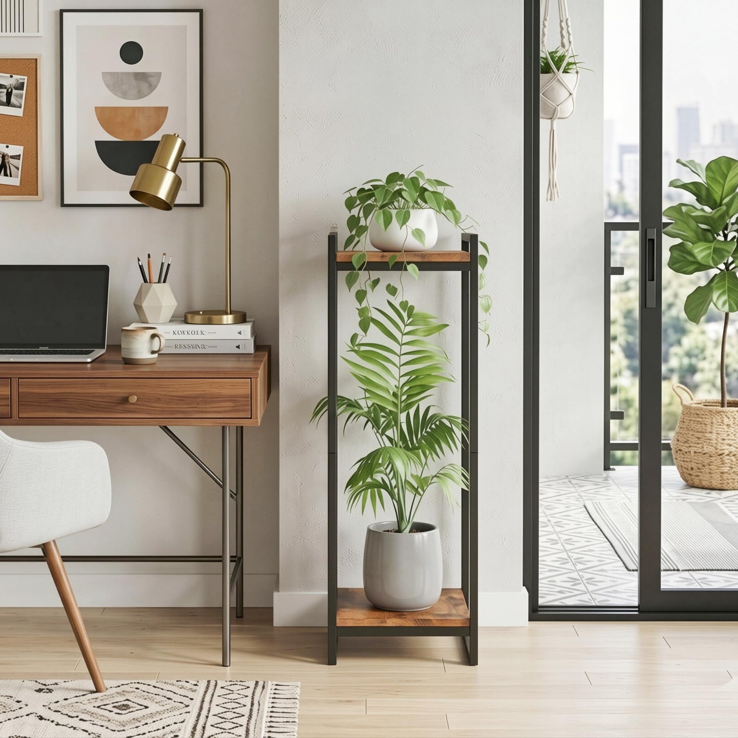 FONHAYE 34" Tall Plant Stand Indoor, 2-Tier Modern Plant Shelf Corner Flower Pot Holder Organizer for Living Room Balcony Garden, Rustic Brown