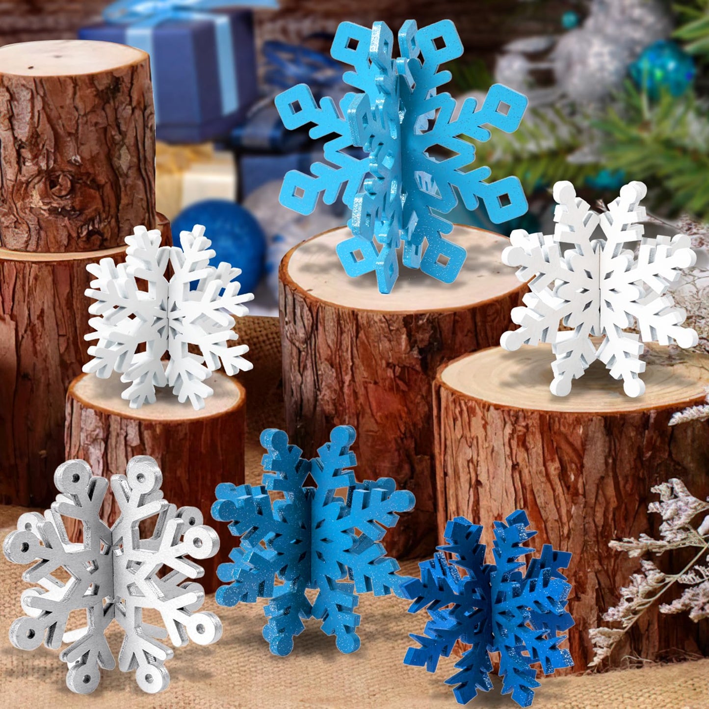 OuMuaMua 6 Set Snowflake Christmas Table Decorations - 12pcs Blue White Glitter Wooden 3D Snowflake Decor Tabletop Centerpiece for Christmas Party Supplies Home Decor