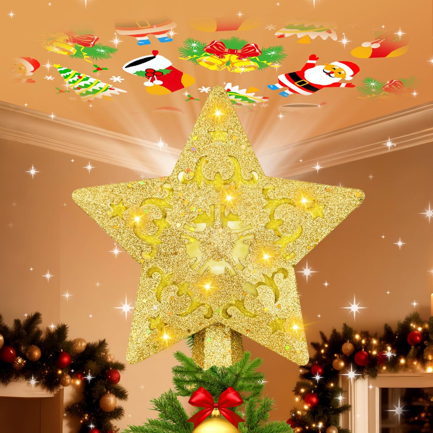 Christmas Tree Topper with Built-in 360° LED Rotating Projector, 3D Hollow Sparkling Gold Star, 3m Plug in Christmas Tree Top Decorations, Indoor Office Party Holiday Home Xmas Treetop Cool Ornament
