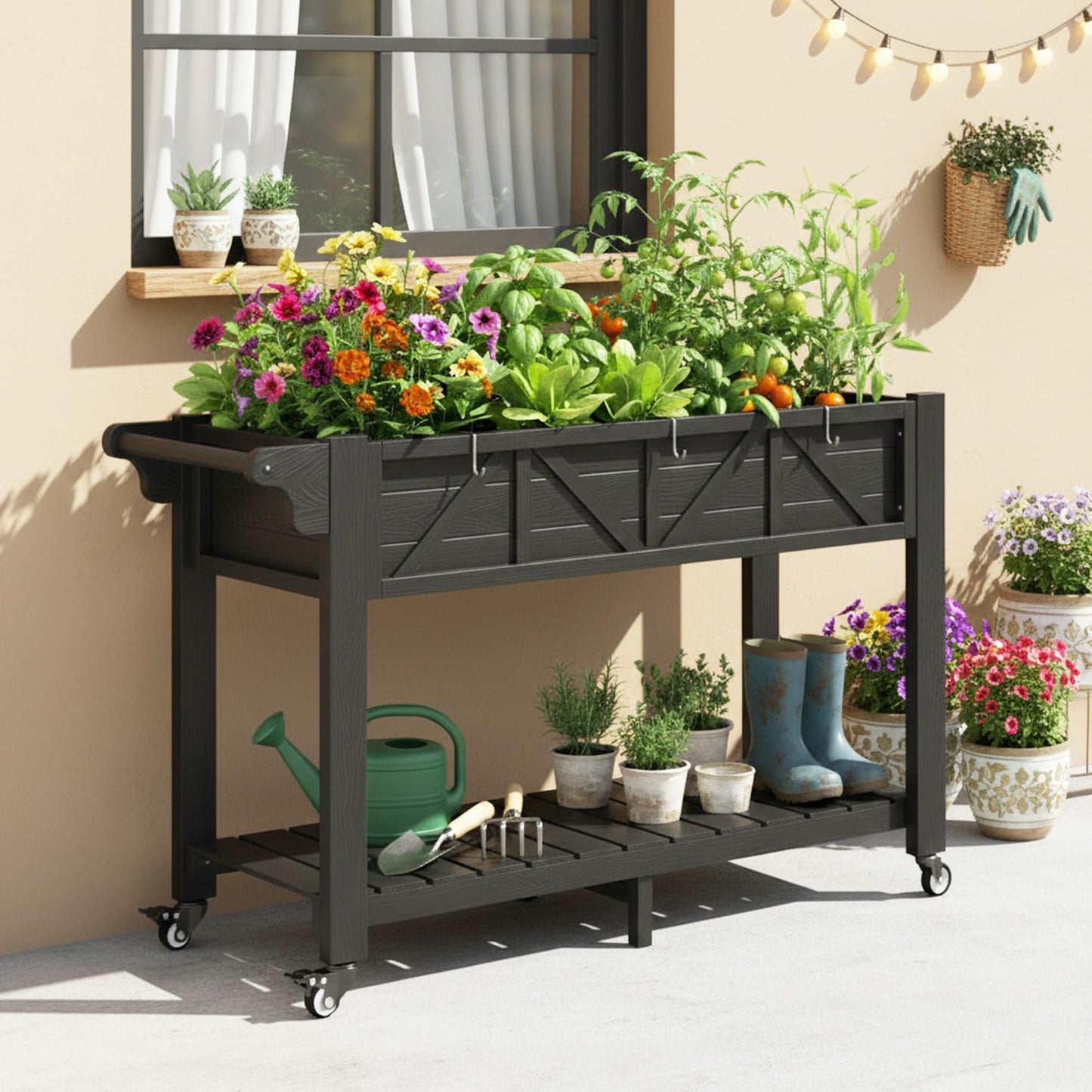 Elevated Raised Garden Bed with Legs & Wheels, 47x17x29.7in Large Planter Box with Handle & Shelf, HIPS All-Weather Outdoor Planter with Drainage Holes, Liner & Hooks for Vegetables, Herbs & Flowers