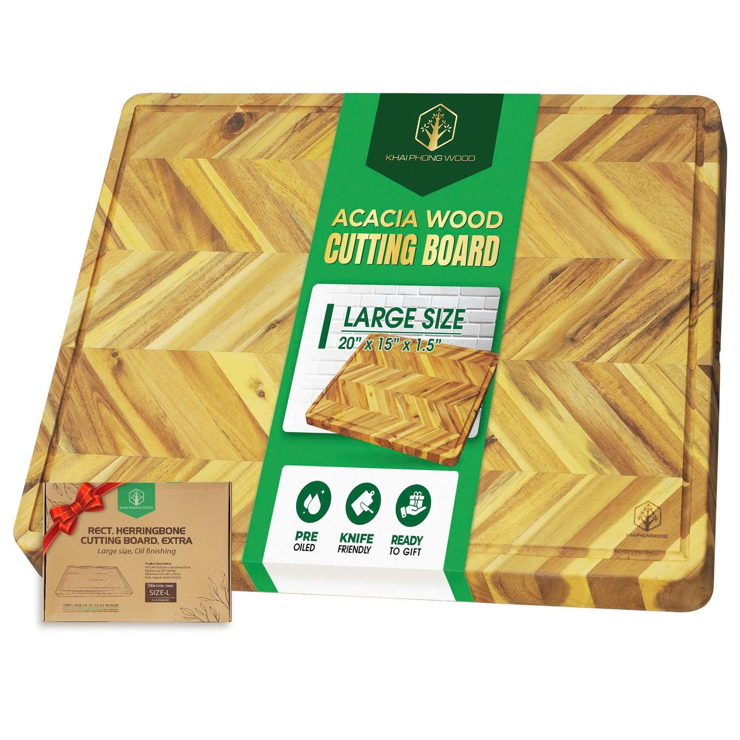 Herringbone Acacia Wood Cutting Boards for Kitchen, 1.5 in Thick Butcher Block Construction for Stability, 20 x 15 in Large Cutting Boards with Gift Box, Juice Groove and Handle