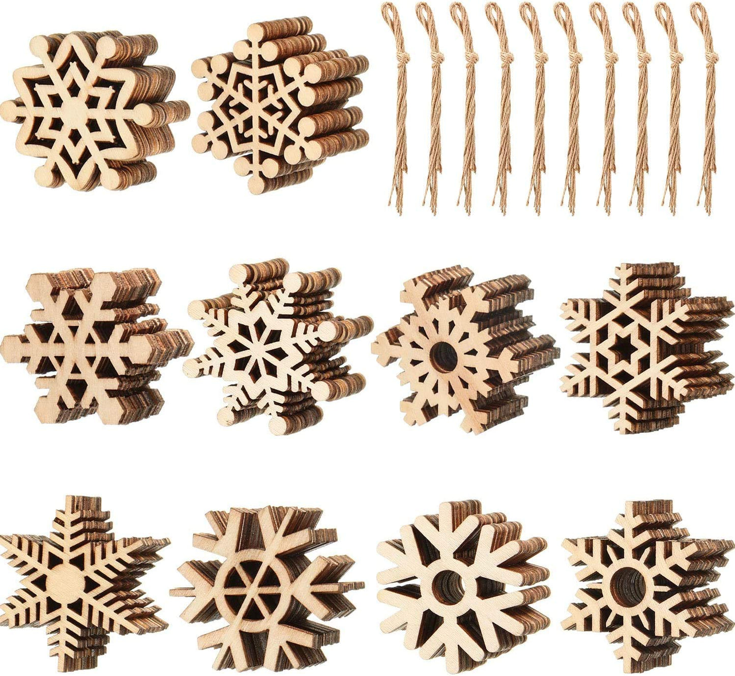 100 Pcs Christmas Unfinished Wooden Snowflake Ornaments Snowflake Hanging Cutouts Blank Wood Slices with Cord Craft Embellishments for Xmas Tree Decorations