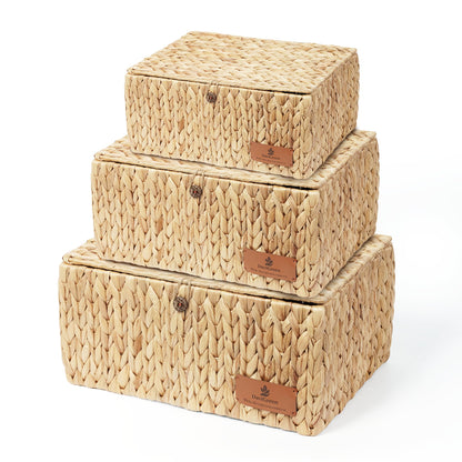 DaviGreen Storage Baskets with Lids, Set of 3 Wicker Storage Baskets for Storage, Water Hyacinth Basket with Lid, Rectangular Woven Storage Baskets for Shelves, Closet, Bedroom & Home Organization