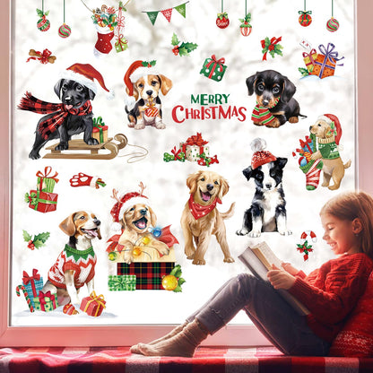 decalmile Christmas Dog Puppy Window Clings Reusable Pet Dogs Xmas Double Side Printed Window Stickers Decals Glass Door Home Party Shop Showcase Decoration