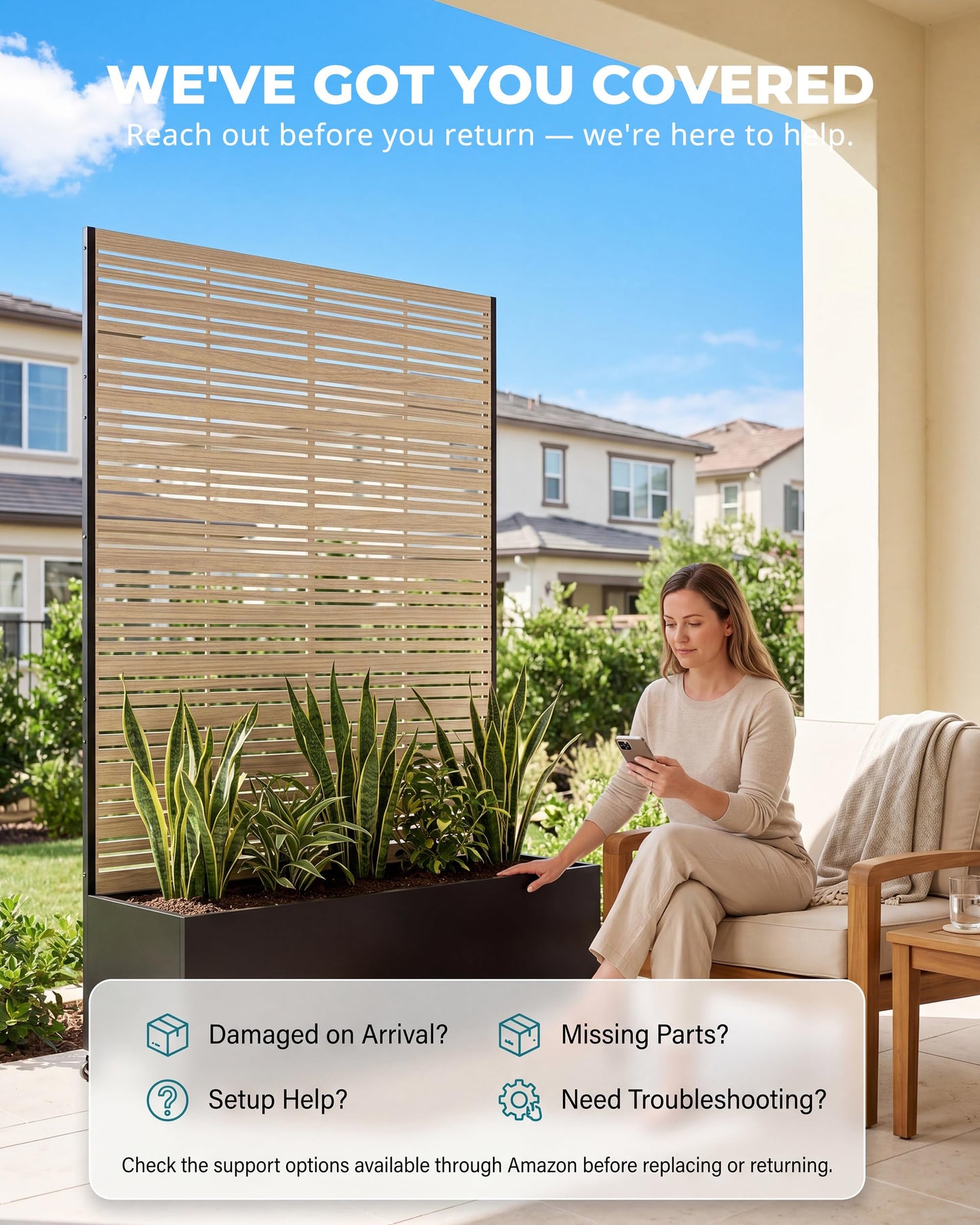 TinFrey 73" Metal Planter Box with Trellis on Wheels - Mobile Outdoor Planter with Drainage Holes & Louvered Privacy Screen, Rust-Proof Wood Grain for Patio, Balcony, Backyard, Poolside