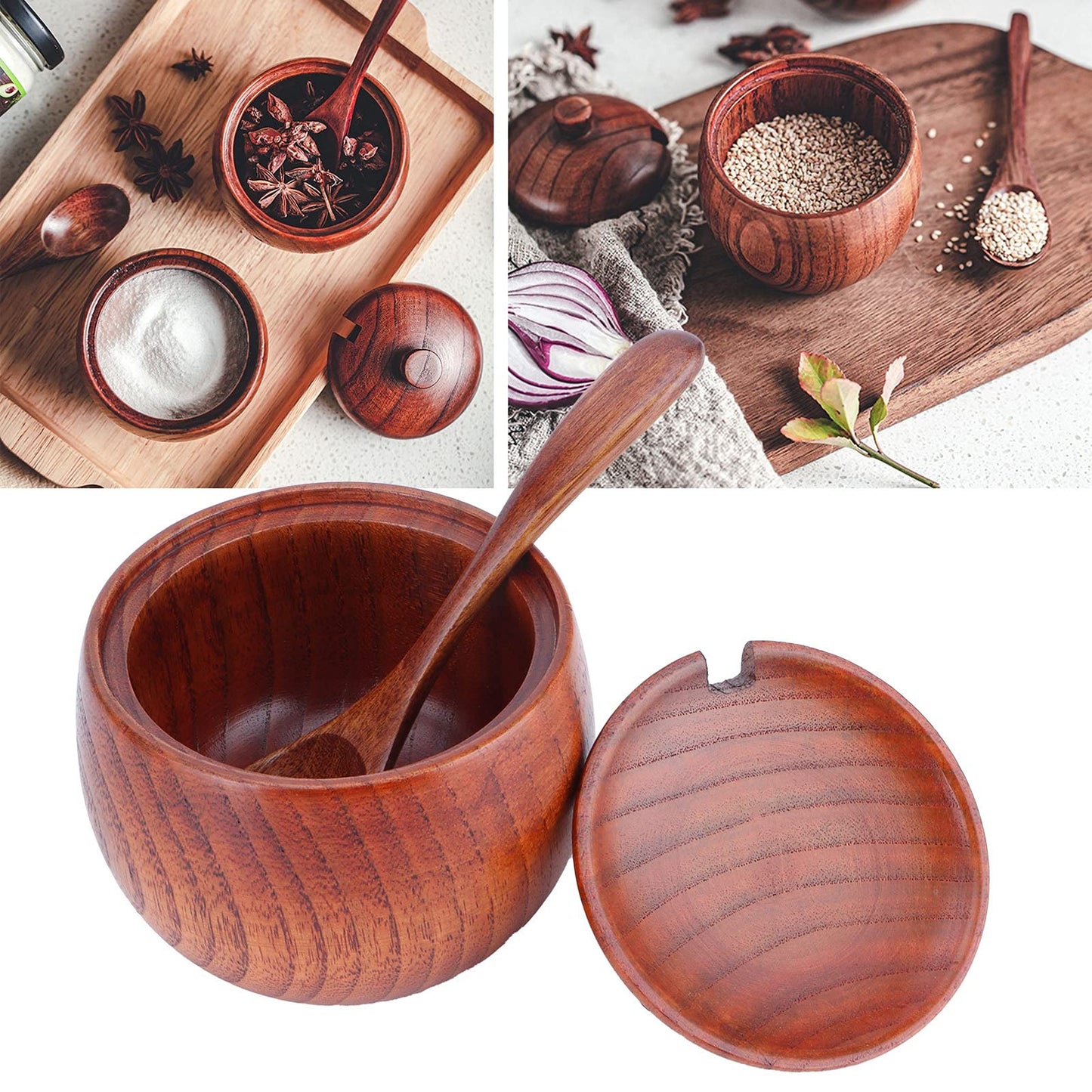Agatige Wooden Salt Box with Lid Spoon, Vintage Salt Container Shaker Seasoning Container Cooking Utensil Sugar Holder for Kitchen, Serving, Condiment, 3.3x3.5in