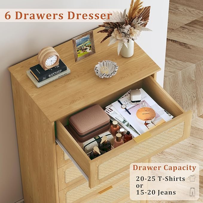 HUAHUU 6 Drawer Dresser for Bedroom, 50 Inch Tall Dressers & Rattan Chest of