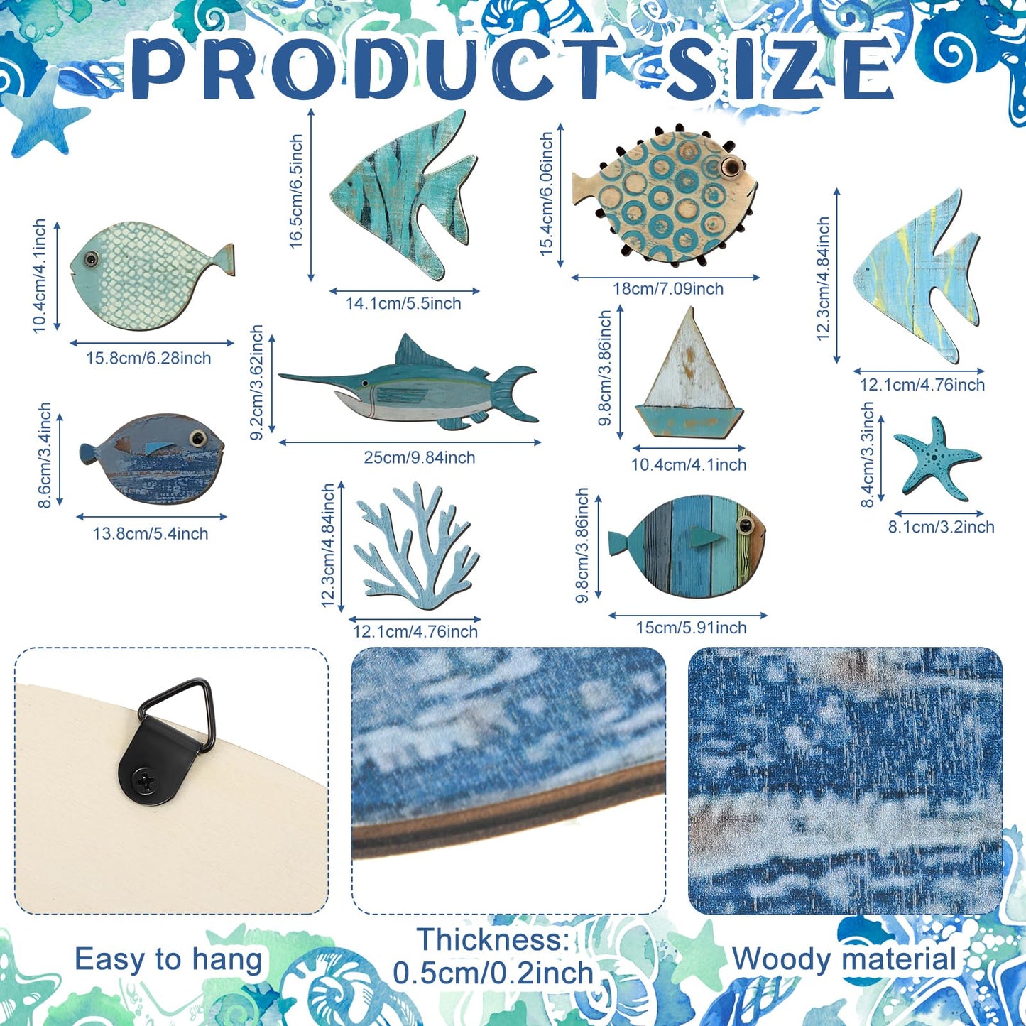 Yuntau 10 Pcs Fish Wall Decor Wood School of Fish Wall Decor Beach Theme Bathroom Decoration Wooden Nautical Coastal Pictures Home Hanging Art Summer Coastal Gift