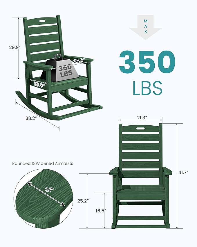 SERWALL Outdoor Rocking Chair Set of 4, Oversized HDPE Patio Rocking Chair with Footrest for Adults, All Weather Porch Rocker for Deck Patio Balcony, Green