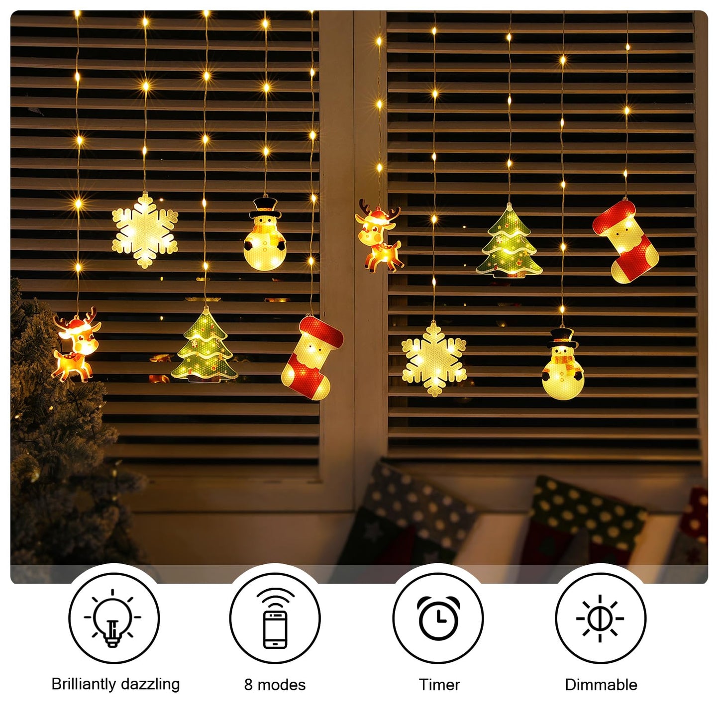 BLOOMWIN Window Lights Christmas Decor - 9.8ft LED Xmas Window Lights Indoor Curtain String Lights - 3D Hanging Christmas Novelty Decorations Bay Window Bedroom Snowflakes Snowman