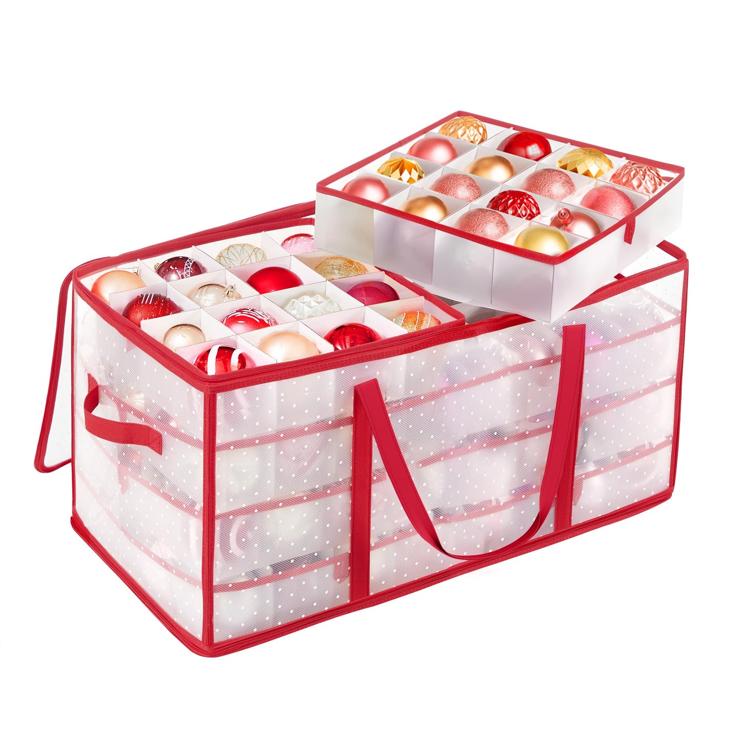 SONGMICS Large Christmas Ornament Storage Boxes, 3-Inch Balls, 8 Trays, 128 Slots, Plastic Christmas Storage Container with Lid, Dual Zippers, Side Handles, Cherry Red URFB029T01