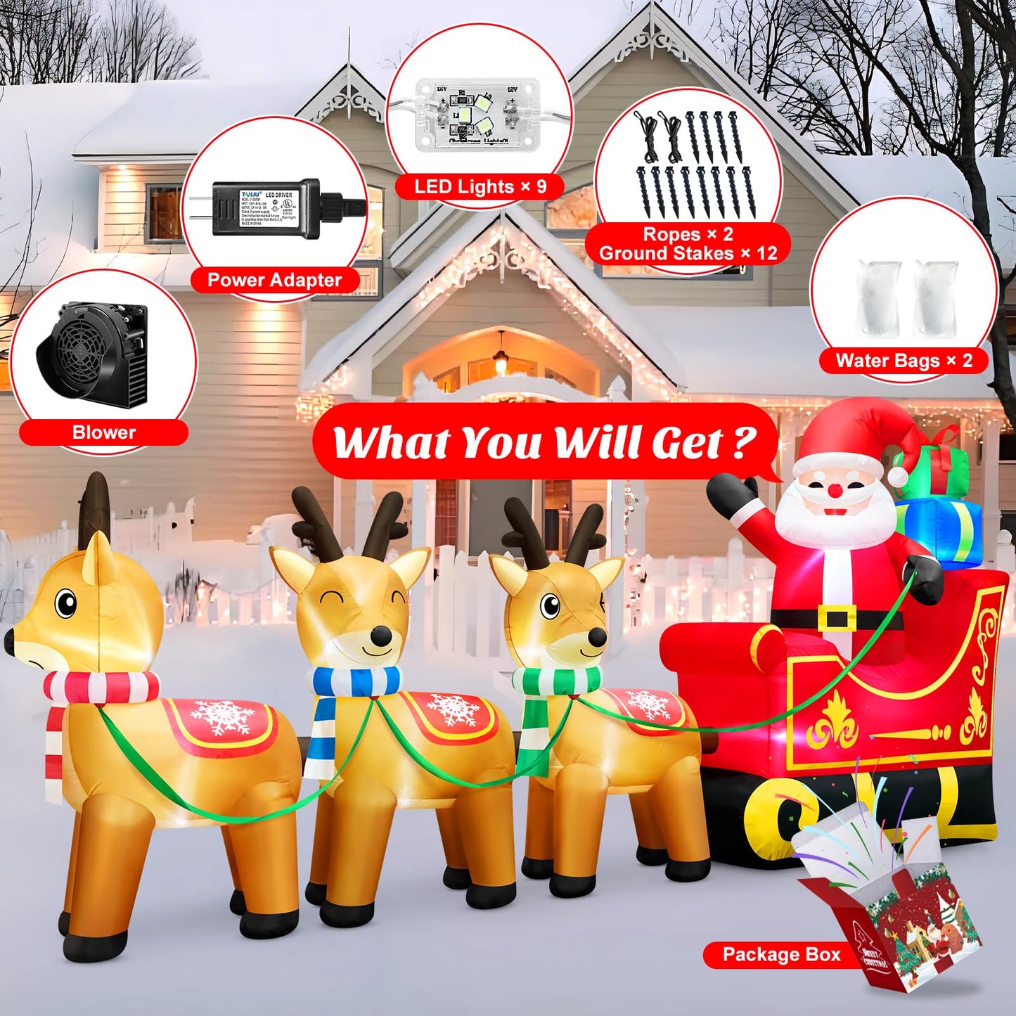 12 Foot Long Christmas Inflatables Santa Claus & Reindeer Sleigh Outdoor Decorations, Built-in LEDs Giant Funny Sled Merry Xmas Blow Up Yard Decoration Winter Inflatable Vacation Lawn Outside Blowups