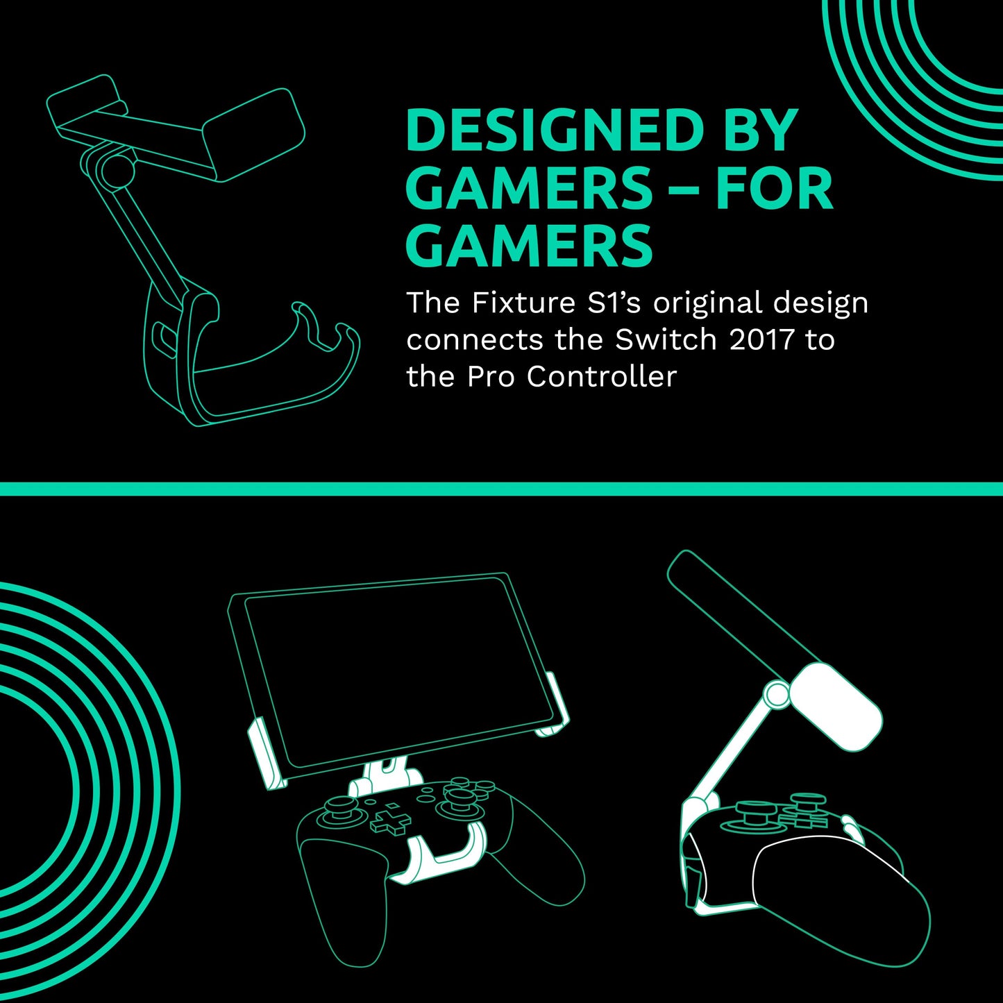 Fixture S1 Gaming Console Monitor and Controller Mount Compatible with Nintendo Switch and Pro Controller, Adjustable Video Game Holder Stand Clip, Gray