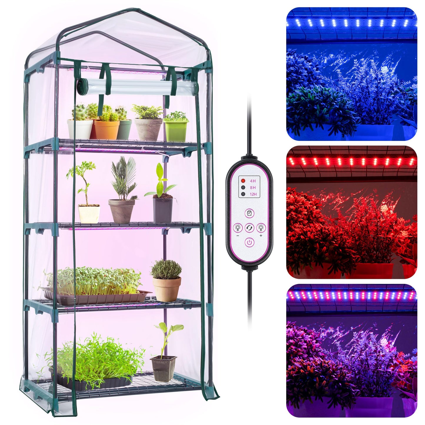 Meonum Indoor Greenhouse with LED Grow Lights, 4 Tier Mini Greenhouse with Roll-Up Zipper PVC Waterproof Cover and Trays, Dimmable Plant Grow Light for Indoor Plant with Timer, 27 L X 19 W X 63 H