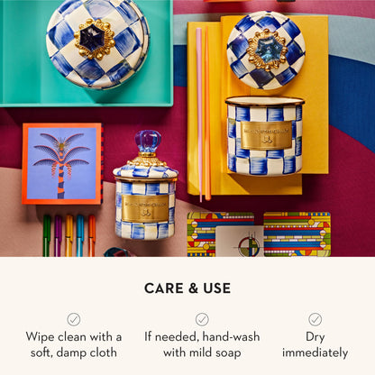 MACKENZIE-CHILDS Enamel Canister Set, Mini (14 oz.), Demi (24 oz.), and Small (38 oz.) Kitchen Containers, Blue-and-White Royal Check