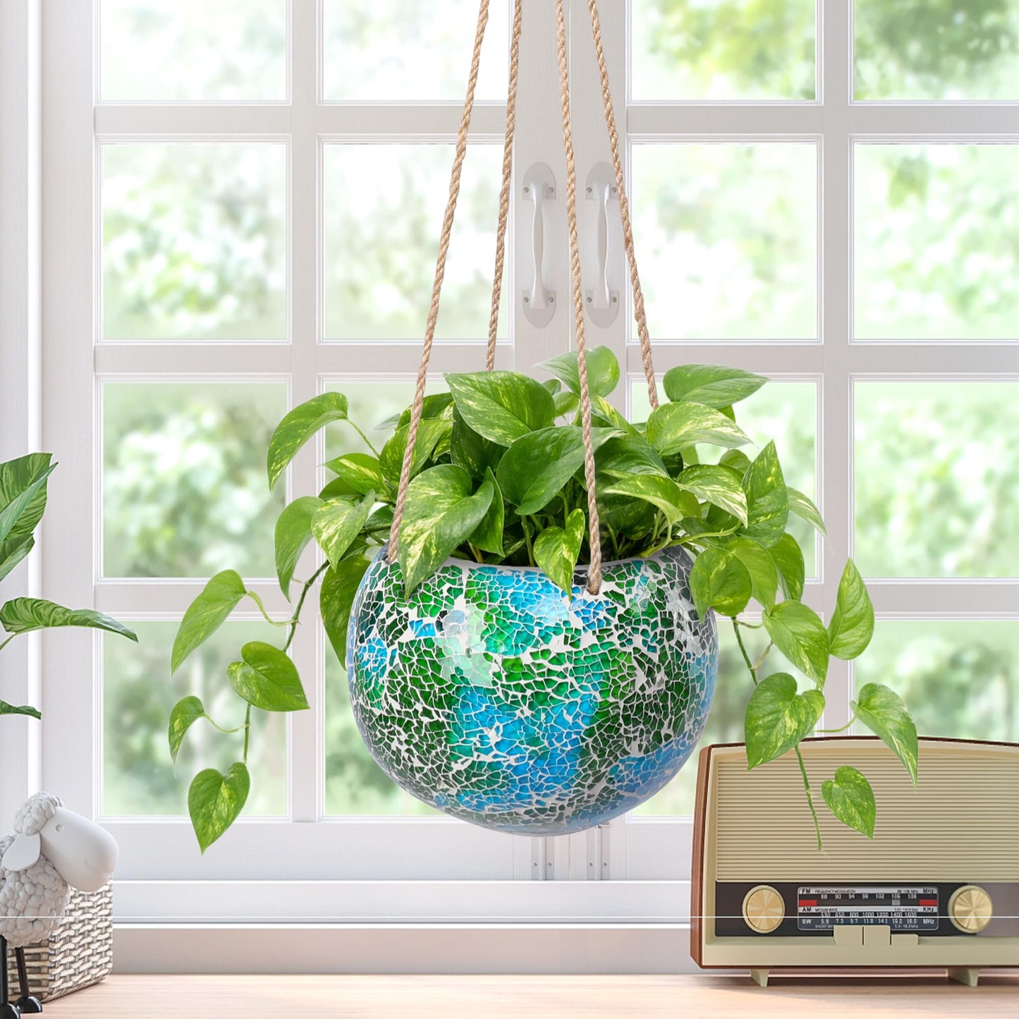 Chonsun Hanging Planter Mosaic Garden Pot Small Flower Pot for Indoor Plant Disco Ball Hanging Planter with Drainage Green