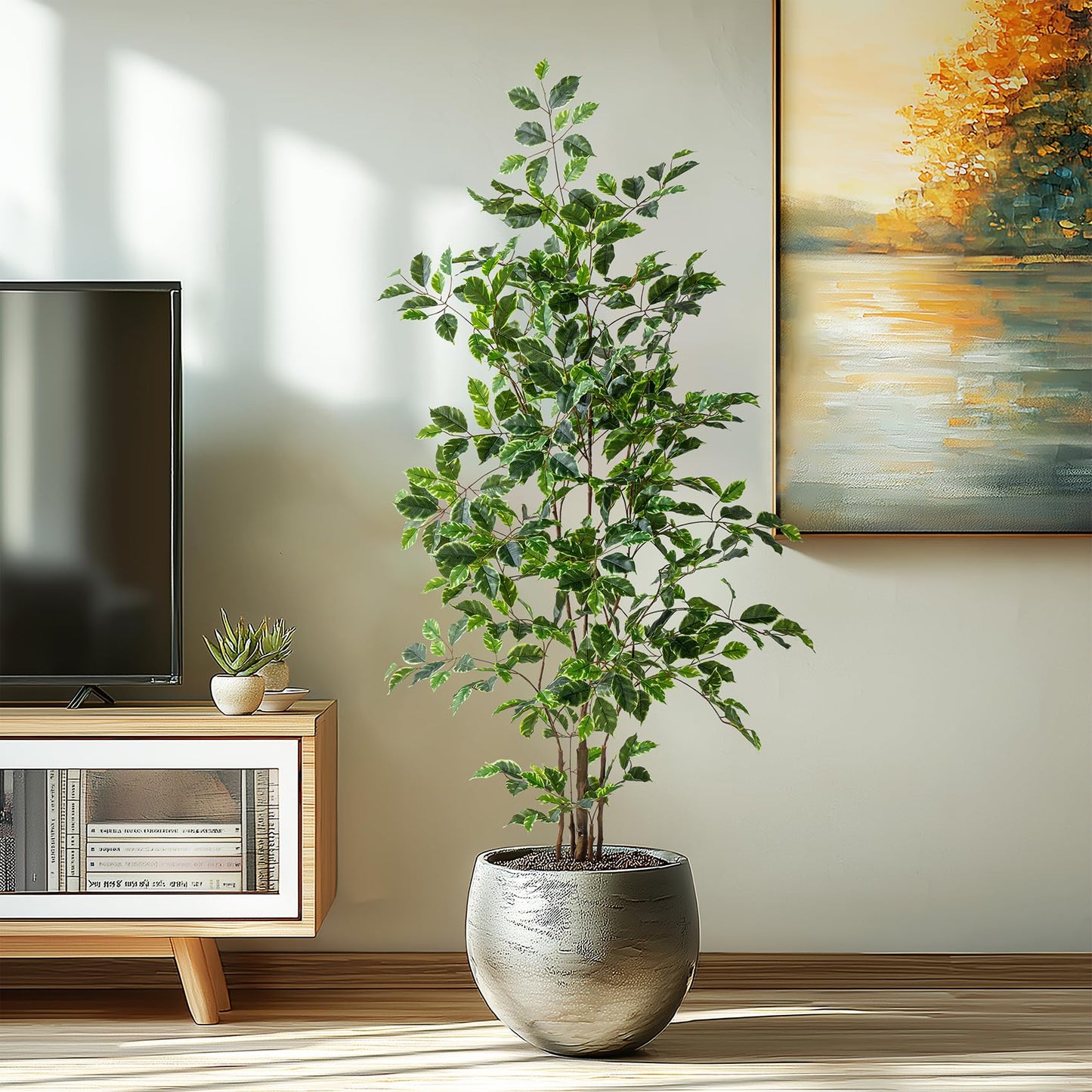 Bailikang Artificial Ficus Tree Indoor 5ft, Large Potted Faux Tree with Realistic Silk Leaves & Trunk for Home Office, Living Room Corner Decor