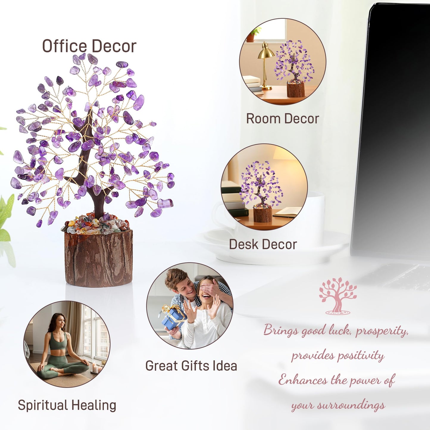 QINJIEJIE Amethyst Crystal Tree of Life Decor Healing Crystals Positive Energy Gemstones Money Tree Purple Decor Room Office Desk Accessories Spiritual Purple Gifts for Women