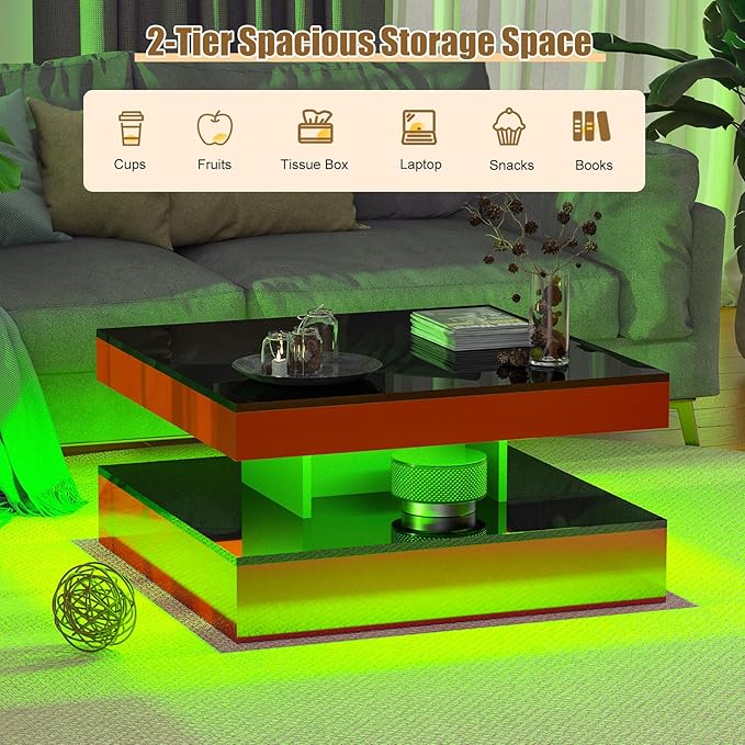 HedoAjim Red LED Coffee Table for Living Room, Living Room Table 2-Tier Square