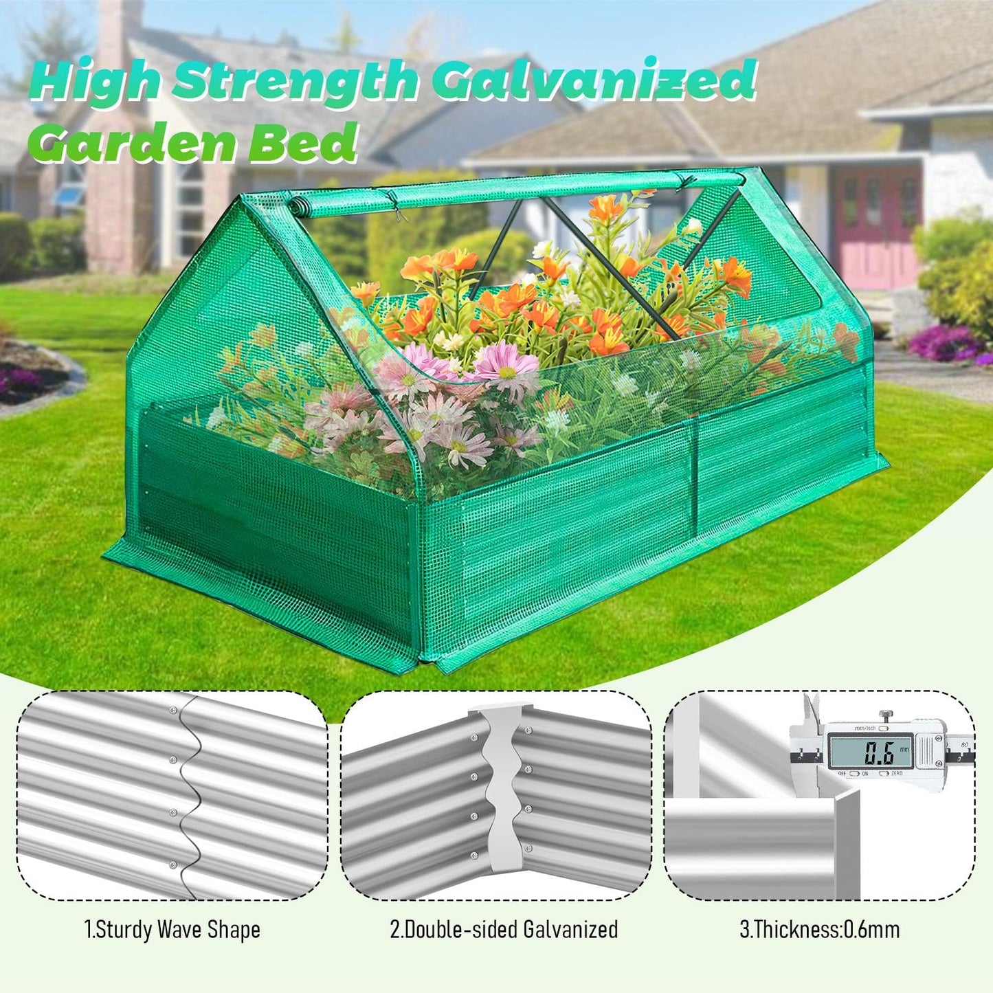 Portable Raised Garden Bed with Mini Greenhouse, 6 x 3 x 1 FT Galvanized Metal Planter Box with 2 Roll-up Zipper Windows PE Cover for Ventilation, Small Greenhouse for Outside Flower Herb Garden