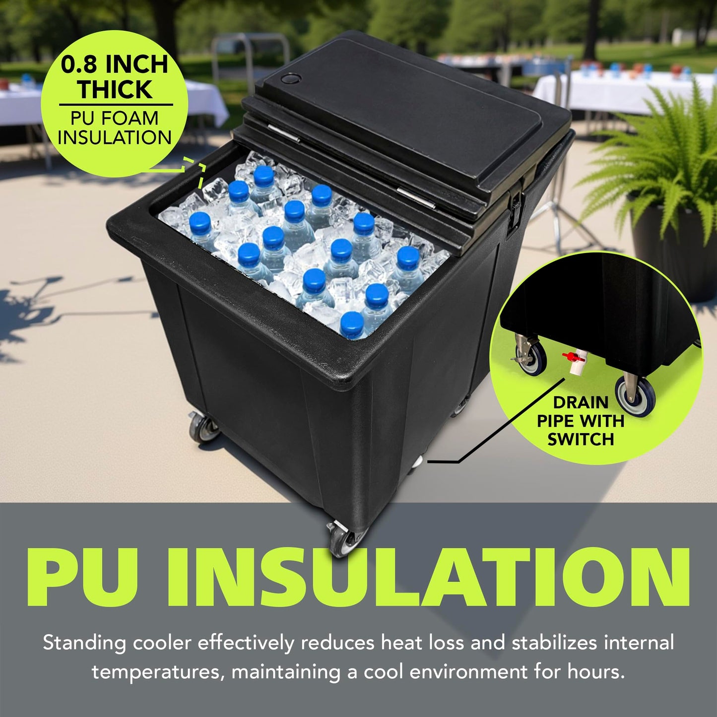 Pearington Tall Ice Caddy, 125 lb Insulated Ice Carrier with Swivel Casters, Commercial Ice Bin with Drain Faucet, Ice Scoop Included, Black