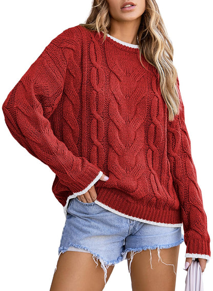 EVALESS Sweaters for Women Trendy Crewneck Long Sleeve Color Block Sweater Tops Fall 2025 Chunky Cable Knit Pullover Sweaters