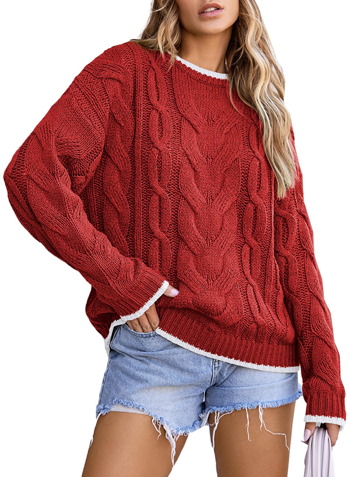 EVALESS Sweaters for Women Trendy Crewneck Long Sleeve Color Block Sweater Tops Fall 2025 Chunky Cable Knit Pullover Sweaters