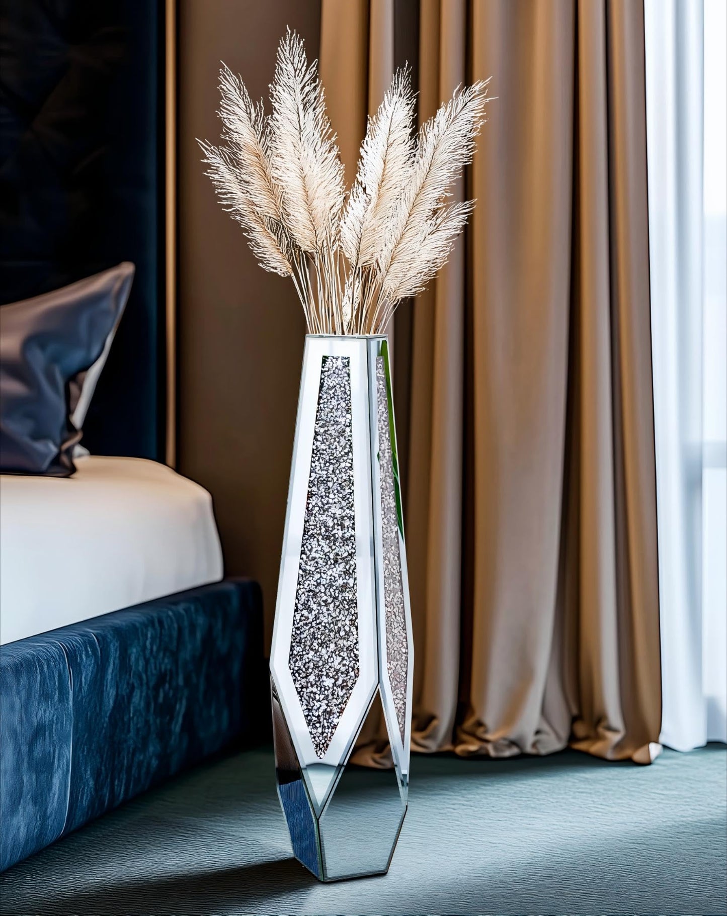 Artloge Mirror Floor Vase Crushed Diamond Silver Bling Centerpiece 33.6 inch Tall