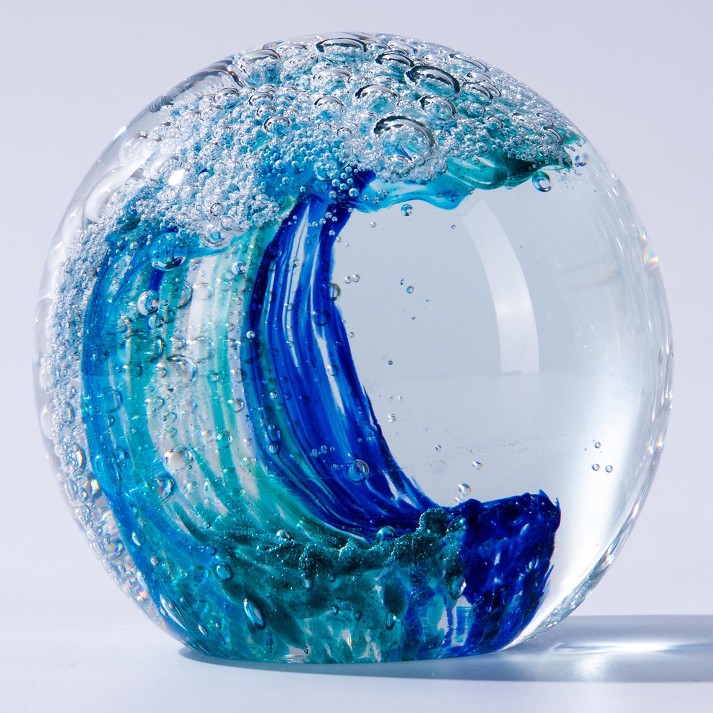 QIANCHANG 3.15" Ocean Wave Art Glass Paperweight, Hand Blown Glass Figurines Collectibles, Ocean Waves Decor Coastal Beach Themed Gifts