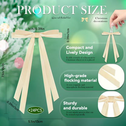 CUPLOOV 24pcs Velvet Bows for Christmas Tree, Pre-Tied Beige White Bow for Xmas Trees Wreaths Gifts Wedding Indoor Outdoor Neutral Decorations, 5 x 7 Inch