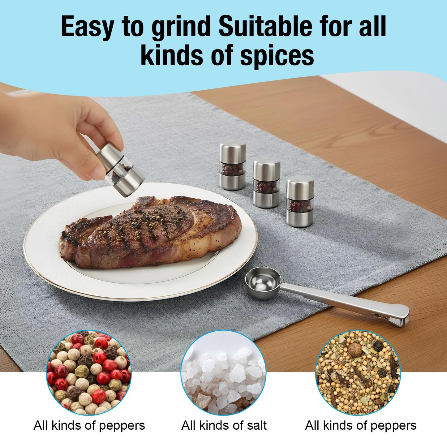 WRENYZK 4pcs Mini Salt and Pepper Grinder Set, Portable Travel Salt and Pepper Sets with Scoop of Bag Clip and Cleaning Brush, Refillable Spice Mill Stainless Steel Grinder for Home Kitchen BBQ