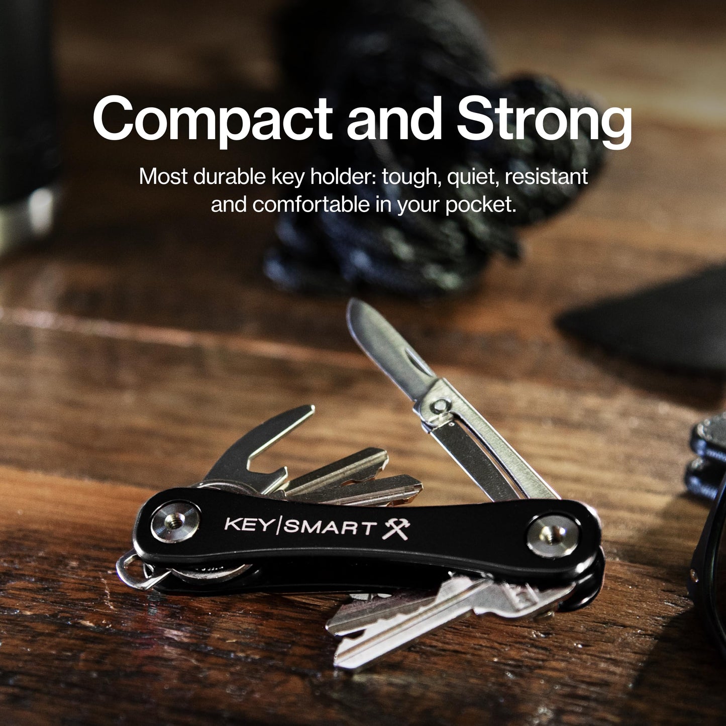 KeySmart Rugged - Multitool Key Holder for Keychain w/Bottle Opener and Pocket Clip, Organizer for Keys, EDC Keychains, Ring for Car Fobs Key Chains, Expandable (Up to 14 Keys, Black)