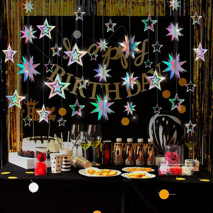 AimtoHome Holographic Star Garland Decorations– 14 Rainbow Paper Stars & 5.5ft 3D Twinkle Hanging Decor for Party, Home, Window, Door，Christmas Party Backdrop Decor (Modern Glitter Style)