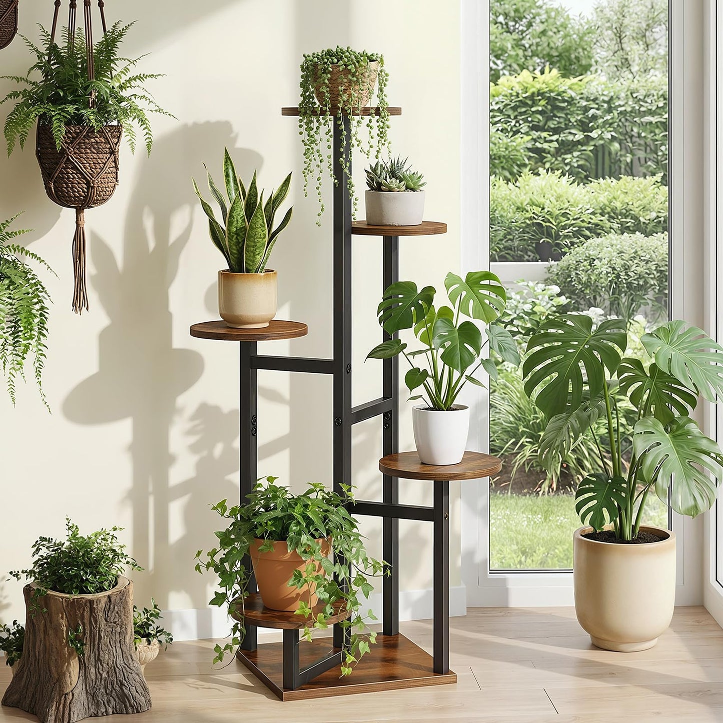 HOOBRO 5-Tier Corner Plant Stand Indoor, Round Vertical Plant Shelf for Small Spaces, Space Saving Flower Rack for Living Room, Balcony & Patio, Rustic Brown and Black BF05HJ01