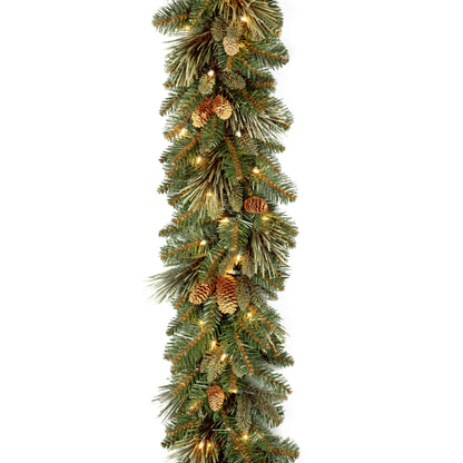 National Tree Company 9 ft Pre-Lit Carolina Pine Artificial Christmas Garland, Christmas Decoration with Pinecones, 100 Warm White LED Lights, 240 Tips, Timer, Green
