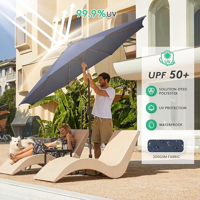 JEAREY 9FT Outdoor Patio Umbrella with Solar Lights, LED Lighted Pool Umbrella with Tilt and Crank, Outdoor Table Umbrellas for Deck, Yard & Market (9ft, Navy Blue)