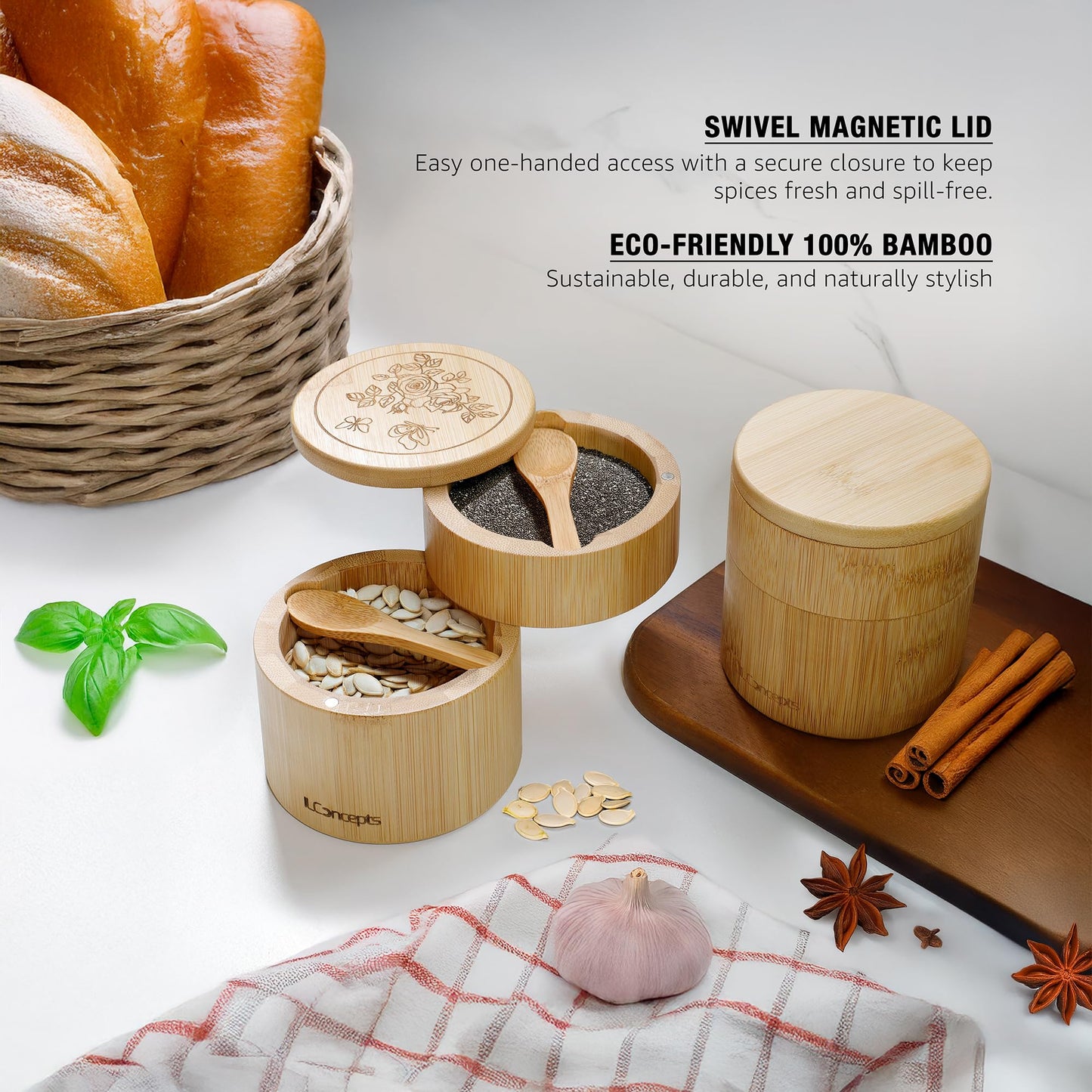 Bamboo Salt and Pepper Box, Bowl, Salt Cellar with Magnetic Swivel Lid and Spoons - Dual Compartment (8oz & 4oz) 2-Tier Wooden Container for Countertop, Holder for Sugar, Herbs, Spices (Rose Engr)