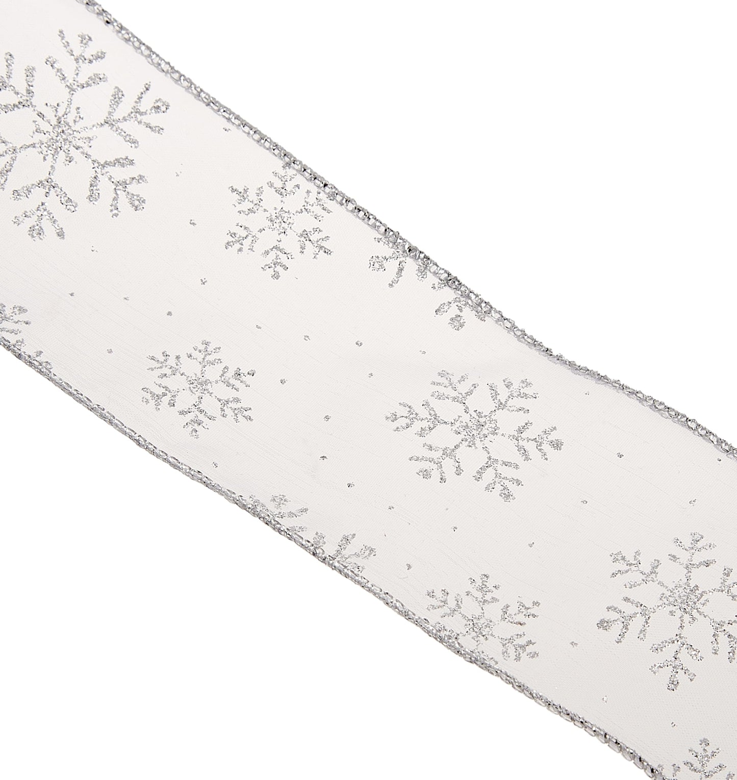 Morex Ribbon 7405.60/50-701 Snowflake 2.5" X 50 YD Nylon Sheer Wired Glitter Ribbon, White/Silver, Ribbon Art Supplies for Christmas Decorations, Indoor Christmas Ribbon for Gift Wrapping Art Set