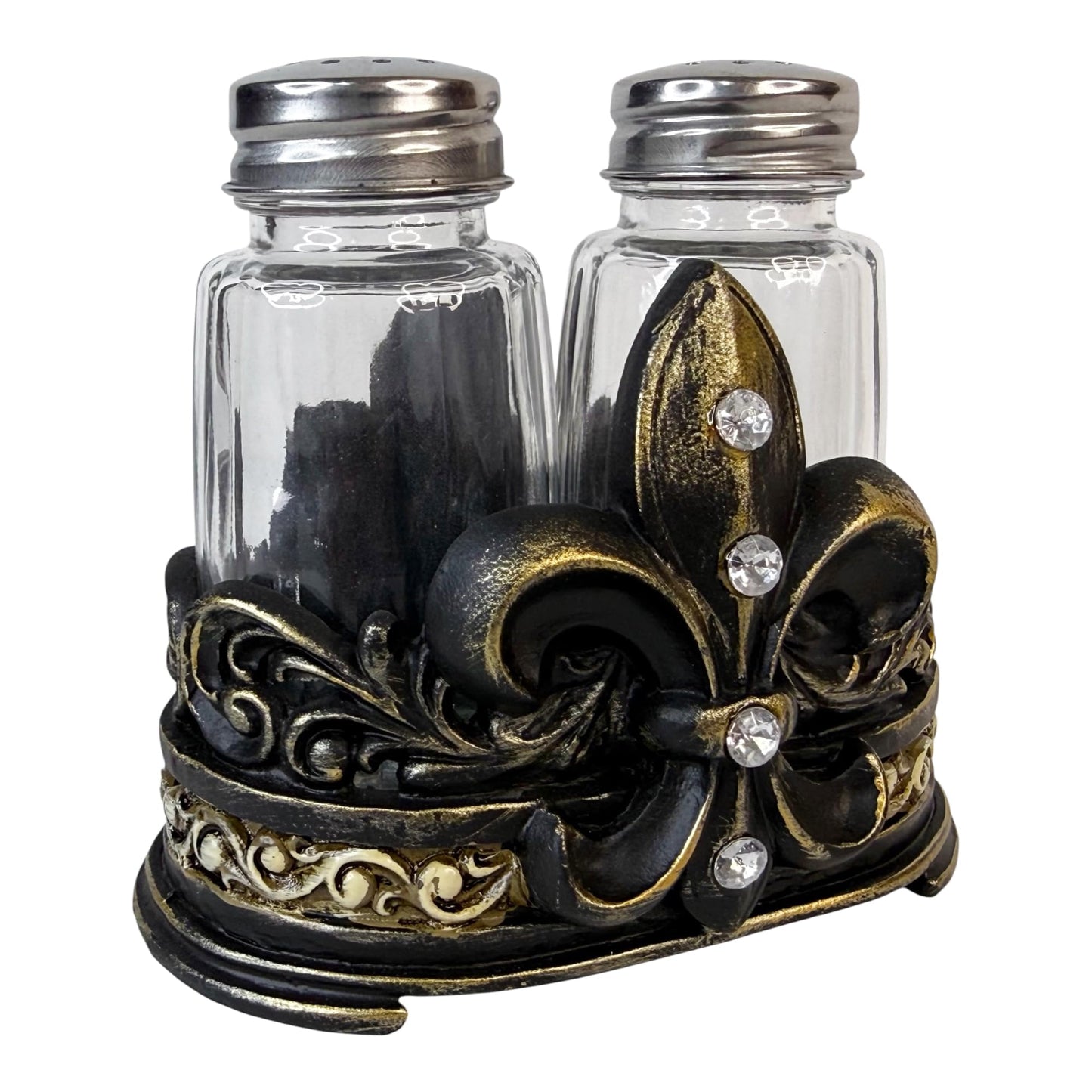 Fleur De Lis Salt and Pepper Shaker Set with Decorative Resin Holder – Glass Shakers with Stainless Steel Lids – French Country Cajun Kitchen Decor – 3 3/4” Tall Tabletop Seasoning Set