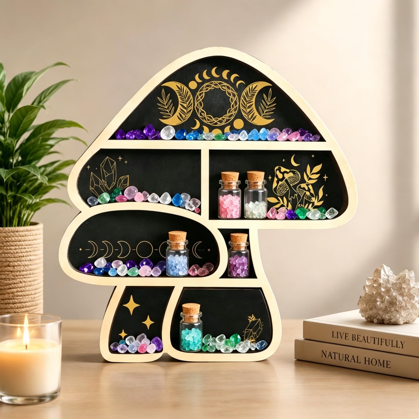Zetosva Mushroom Gifts Floating Shelves, Crystal Display Shelf & Crystal Holder, Cute Mushroom Wall Decor and Mushroom Shelves, Trinket Shelf Rock Display Case, for Unique Home Decor