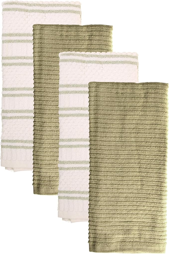 MosJos Kitchen Towels, Cotton Hand Towels, Sage Green and Cream Ribbed