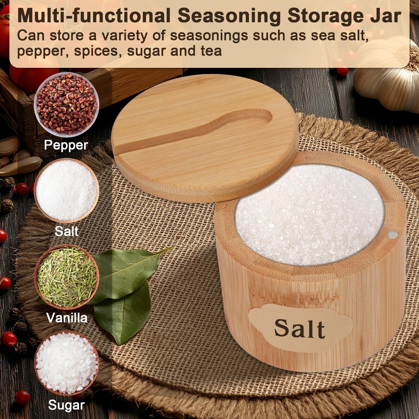FHUIEWRY 3Pcs Bamboo Salt Cellar, Salt Box Bowl with Magnetic Swivel Lid & Spoon, Round Salt Container Holder Spice Box with Label Stickers to Storage Pepper Spice Sea Herbs Sugar for Countertop,6 OZ