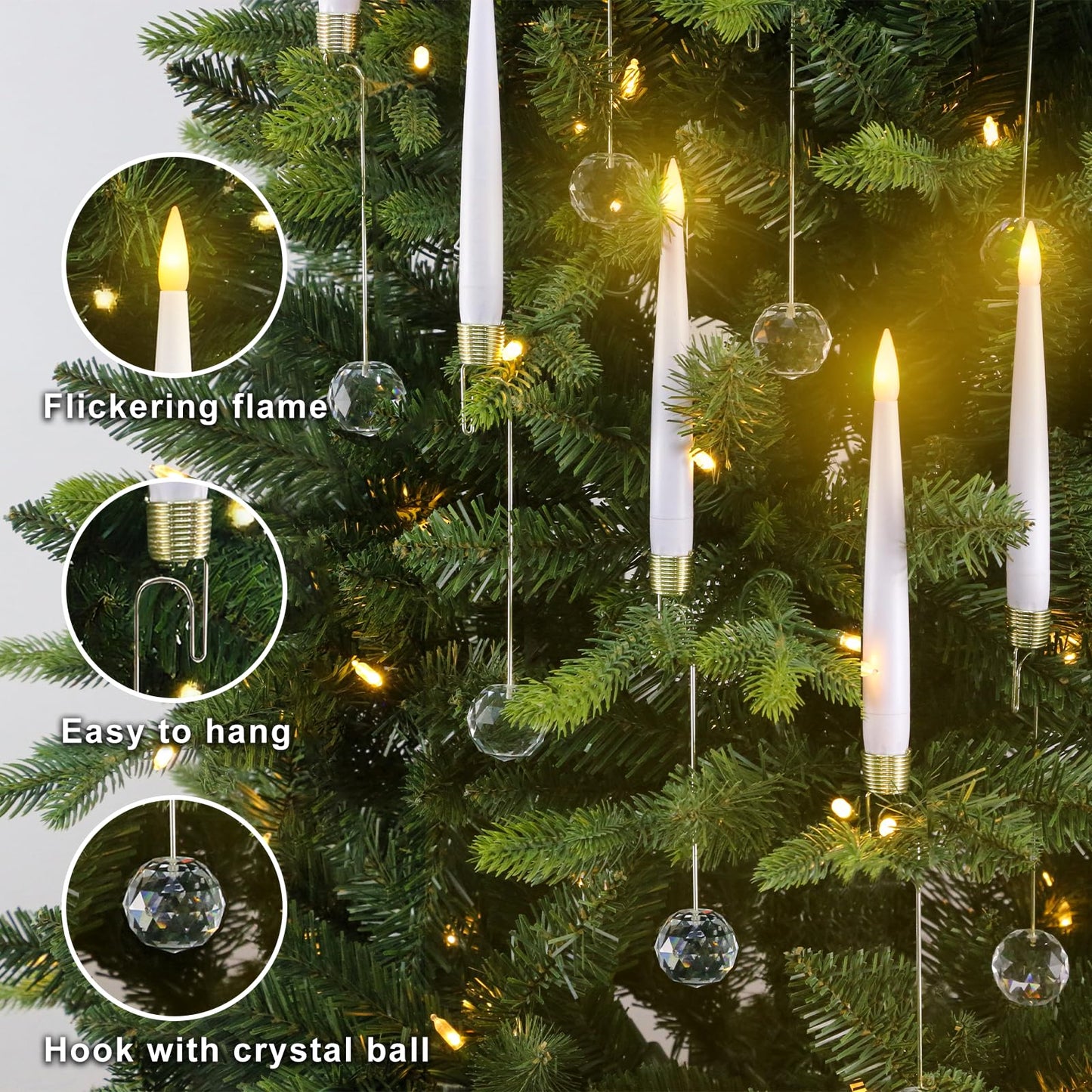 Sunjas Christmas Tree Candles with Magic Wand 12 Pack Flameless Candles for Christmas Tree Flickering Battery Operated LED Candle for Holiday Home Party Decor with Crystal Ball Hook